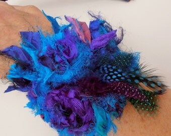 recycled silk and feathers bohemian cuff bracelet original design by plumfish