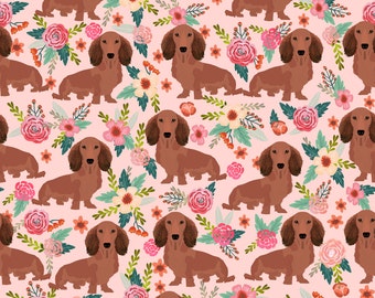 Doxie Dog Fabric - Dachshunds Floral Doxie Weiner Dog Fabric By Petfriendly - Doxie Pink Cotton Fabric by the Yard with Spoonflower