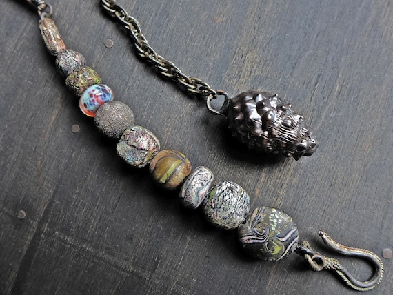 Statement bead stack necklace, pendant lariat - “Seed and Stone” 