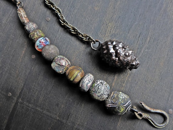 Statement bead stack necklace, pendant lariat - “Seed and Stone” 