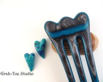 Petalon Hair Fork Dark Aqua Wood, Hairforks, Wood Hair Fork,Grahtoe Studio, Gift for her, Man bun fork,Hair Stick, Hair Pin, Hairsticks