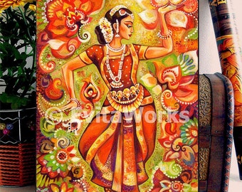 Indian classical dancer, ethnic painting, Bharatanatyam dance, Indian woman, home decor wall decor woman art, ACEO wood block, ABDH