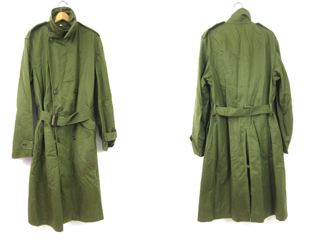 Long Green Army Trench Coat 1950s Military by dirtybirdiesvintage