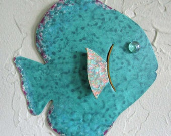 Metal Wall Art Fish Sculpture Recycled Metal Beach House Coastal Bathroom Decor Teal Green 7 x 7