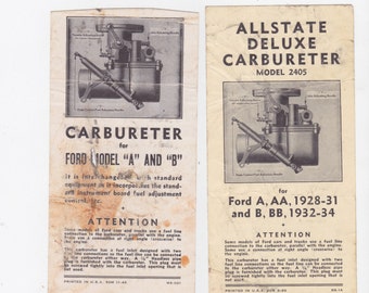 vintage 1940s adjustment instructions for ford model A and B carbureter's Allstate deluxe model 2405