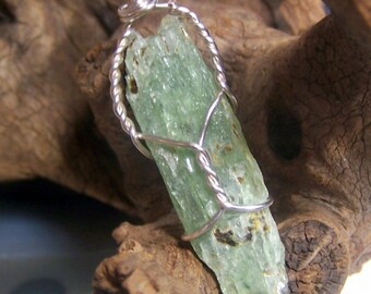 Green Kyanite Crystal wire wrap necklace pendant - silver wire wrapped - light Kyanite blade Tanzania Africa cord or chain coyoterainbow XA8