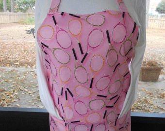 Plus Size Apron, Tennis Apron, Pink Apron, Kitchen Apron, Bib Apron, Hostess Apron, Tennis Racket Apron, Women's Full Apron, Pocket Apron