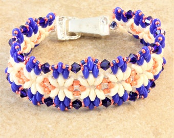 Blue White Coral Beadwork Bracelet Duo Bliss Pattern with Silver Plated Magnetic Fold Over Clasp