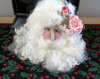 Handmade Santa Head Sculpted Face Lambs Wool Beard Fox Trim Hat Vintage OOAK 1980s Christmas Wreath Tree Topper Holiday Decor