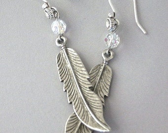Long antiqued silver feather earrings, dramatic metal feather, silver tribal earrings, silver bohemian, Swarovski crystal, boho chic feather