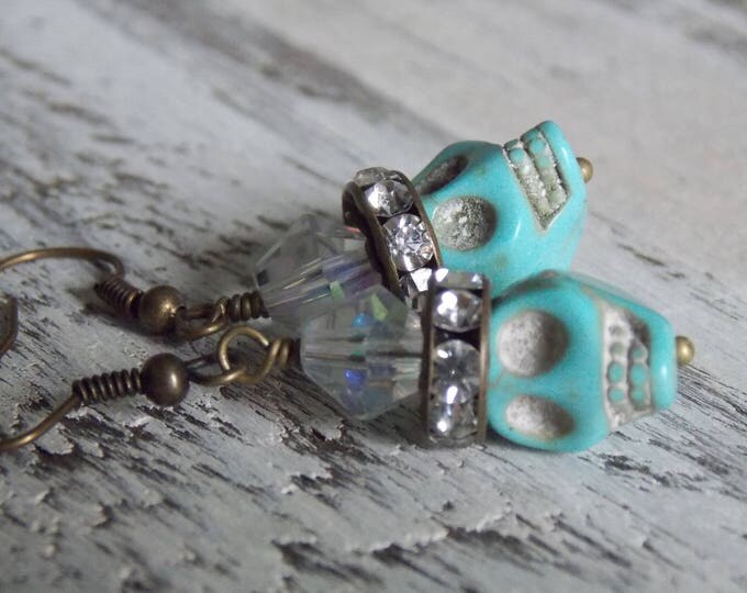 Turquoise Sugar Skull Earrings Day of the Dead Festive Earrings Rhinestone Goth Blue Skull Dangle Boho Earrings