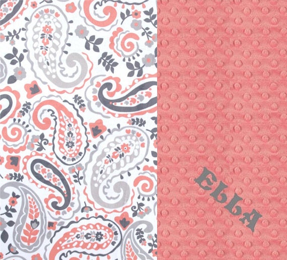 Personalized Baby Blanket / Minky Baby Blanket Girl, Gray Coral Paisley - Nursery Decor Girl // Coral Baby Blanket // Name Baby Blanket