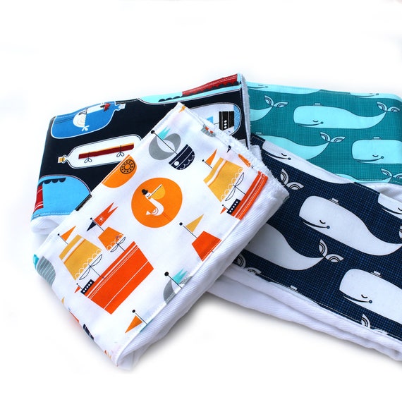 Nautical Burp Cloths - Set 4 / Cotton Diaper Burp Cloths / Boats Whale Burp Cloth - Baby Shower Gift / Blue Burp Cloth / Burp Cloth Set