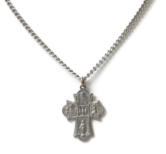 Catholic Four Way Cross Pendant Necklace Silver Tone Vintage