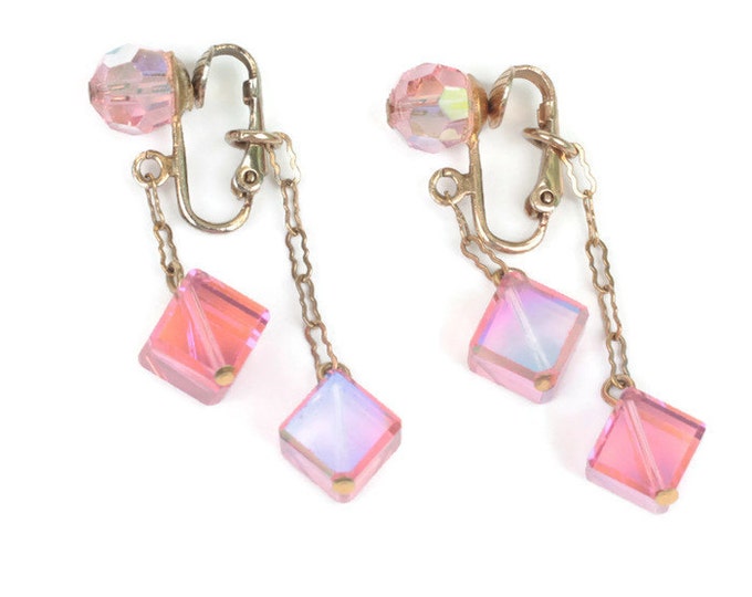 Pink AB Dangle Earrings Cubes Bead 2 Inch Drop Clip On Vintage