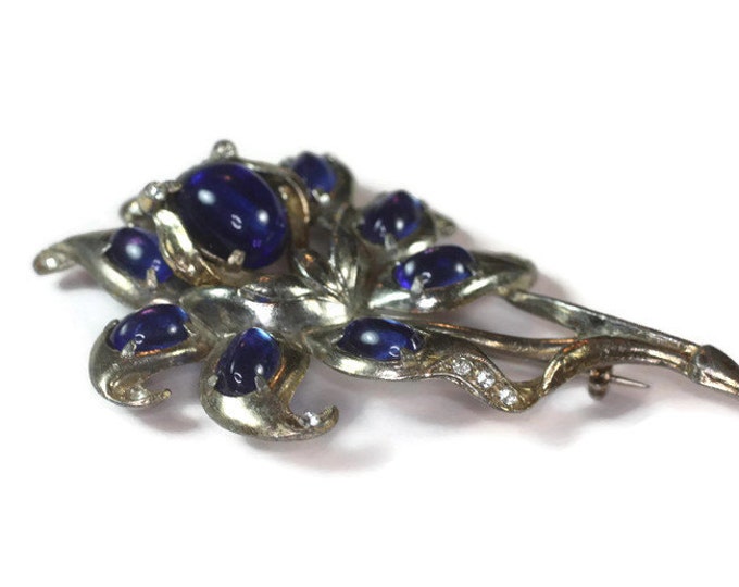 Large Flower Brooch Blue Cabochons Clear Rhinestones Pot Metal Vintage