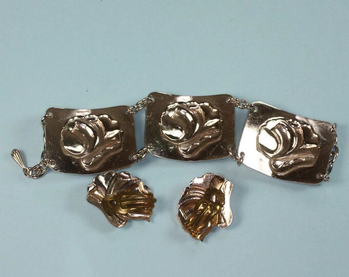 Enameled Aluminum Bracelet Earrings Faux Marcasites Vintage Set
