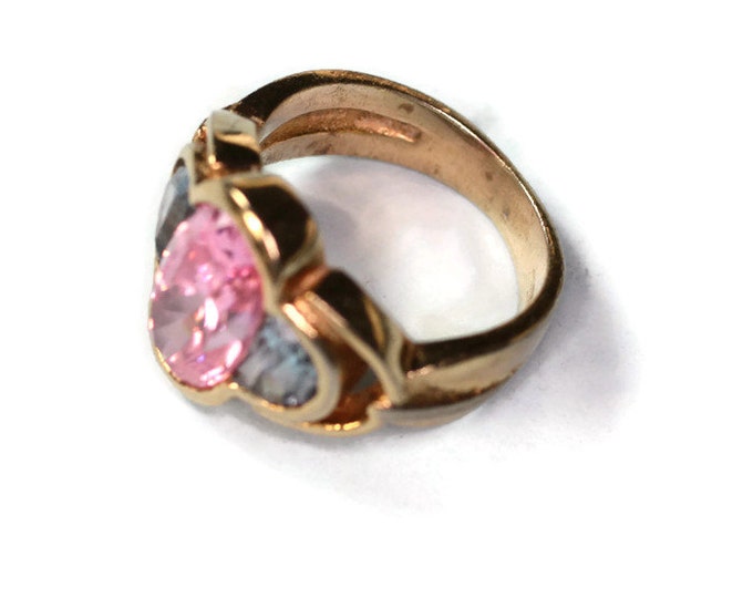 CIJ Sale Pink and Blue Stones Sterling Ring Faceted Glass Gold Plated