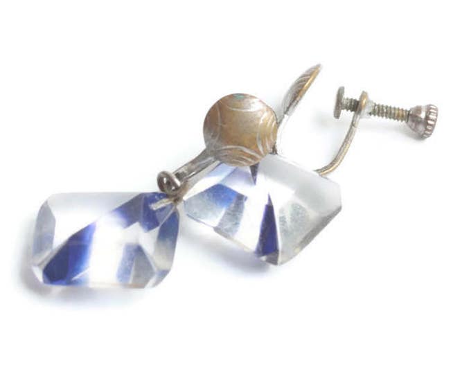 Two Color Lucite Dangle Earrings Clear and Blue Prism Screw Back Art Deco Earrings
