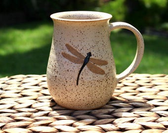 Ceramic DRAGONFLY Coffee Mug - Handmade Speckled Cream Stoneware Dragonfly Mug - Ready To Ship