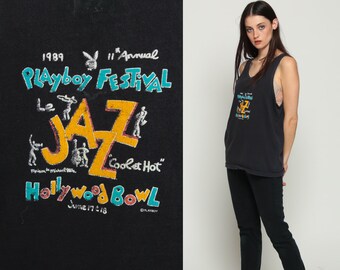 Playboy Shirt JAZZ FESTIVAL 1989 Music Top 80s Music Tank Top Hollywood Bowl Graphic Retro 1980s Hipster Sleeveless Black Medium