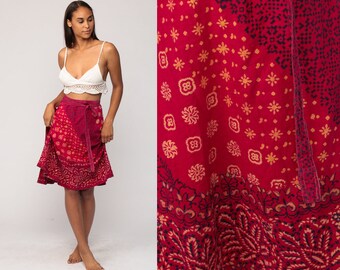 Hippie Wrap Skirt 70s Ethnic Floral Print Batik Midi 1970s Boho INDIAN Cotton Tribal Bohemian High Waist Vintage Red Small Medium