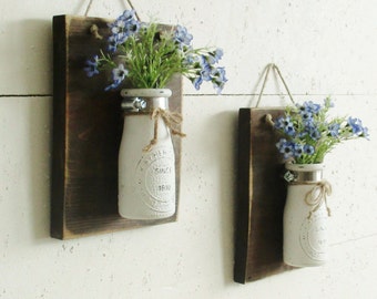 Rustic Reclaimed Wood Wall Sconce.. 2 Individual Hanging Vintage Milk Bottles..Chic Country Farmhouse Wall Decor