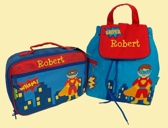 Child's Personalized Stephen Joseph SUPER HERO Backpack and Lunchbox School Set-Monogramming Included