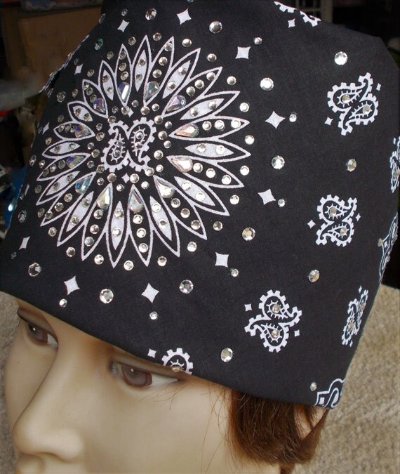 BLACK RHINESTONE BANDANA Full Size Square Cotton Womens