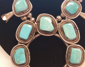 Vintage Handcrafted Native American Turquoise Squash Blossom Necklace