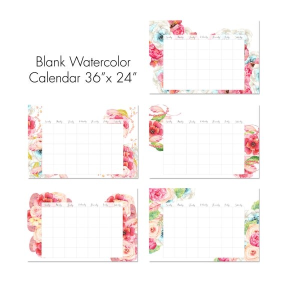 36 x 24 Blank Watercolor Floral Calendar. Instant