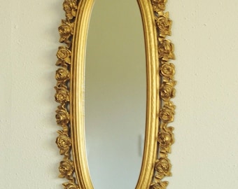 1970 Gold Resin Roses Oval Floral Wall Mirror-Hollywood Regency Mid Century NICE