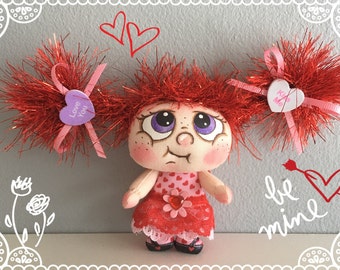 OOAK Artist Miniature Cloth Pocket VALENTINE Rag Doll "ADORA" only 3 1/2" high!