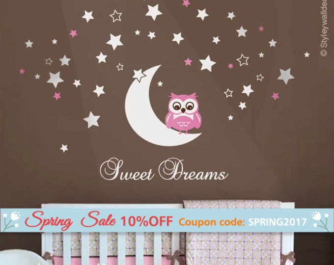 Owl Wall Decal, Owl Moon and Stars Wall Decal, Sweet Dreams Vinyl Lettering, Moon and Stars Wall Decal, Owl Stars Nursery Kids Wall Sticker