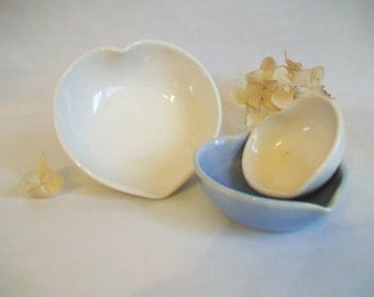 Nesting Heart Bowls - Set of 3, Handmade, Baby Blue and White -- 4 inch Diameter - Mothers Day/ All Occasion Gift - Ready to Ship