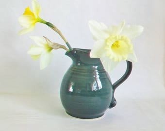 Teal - Blue/Green Stoneware Pitcher - Handmade on the Potters Wheel - Milk Pitcher, Syrup or Cream Pitcher -- Flower Vase - Ready to Ship