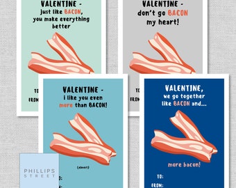 printable BACON Valentine's Day cards . kids classroom valentines . funny valentine . instant download . DIY
