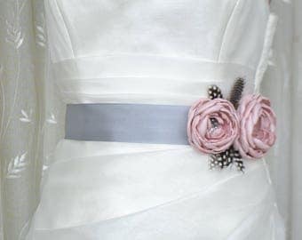 Handcrafted Pink and Grey Two Flowers With Feathers Wedding Bridal Sash Belt