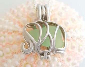 Elephant Jewelry, GENUINE Sea Glass Necklace, Elephant Necklace, Elephant Locket, Seaglass Jewelry, Exclusive Stainless Steel Elephant