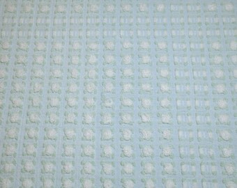 Sweet White Rosebuds on Light Blue Morgan Jones Vintage Chenille Bedspread Fabric Piece - 26 x 17 Inches