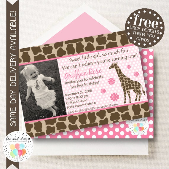 Giraffe Invitation, Giraffe Birthday Invitation, Giraffe Party, Girl First Birthday, Girl Birthday, Giraffe Invite, Giraffe Photo Invite Il_570xn