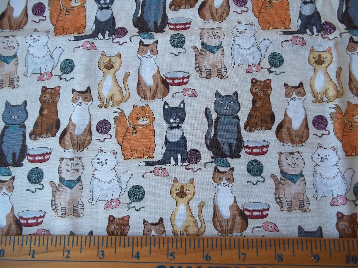 Cotton Kitty Cat Fabric, Crazy Cat Lady Fabric, Sewing Supply, One Yard