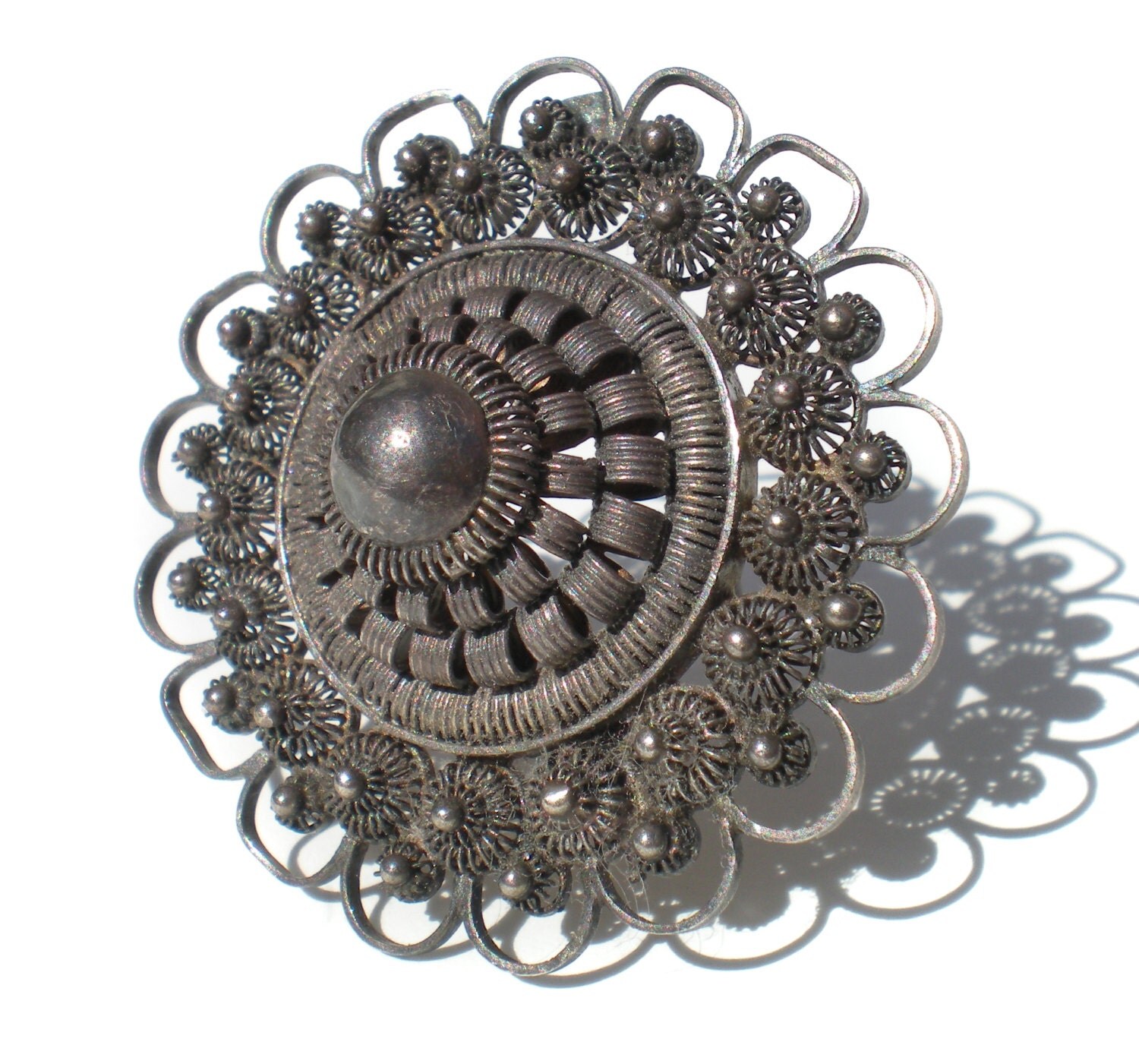 Antique Cannetille Filigree Brooch Flower of Sterling Silver