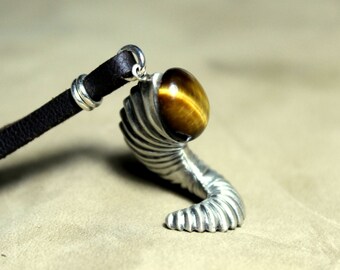 Aries zodiac, ram horn necklace, aries symbol, with Tiger Eye stone end, sterling silver unique creation modern design fine jewelry