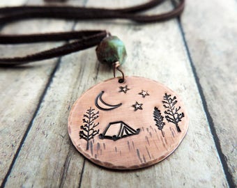 Camping Necklace - Camper Backpacker Hiker Gift - Adventure Jewelry - Night Sky Campsite - Tent, Trees, Moon, Stars - Wilderness Explorer
