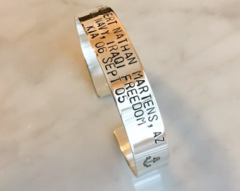 Fallen Hero Memorial Hand Stamped Bracelet, Remembrance Cuff, Always in My Heart, Personalized Bracelet Cuff, Army, Navy, Marines, Air Force