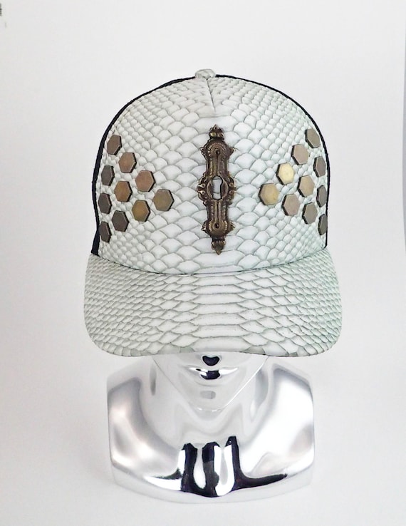 White Faux Python Cap with Brass Bling, Steampunk, Burning Man by creaturaclothing steampunk buy now online