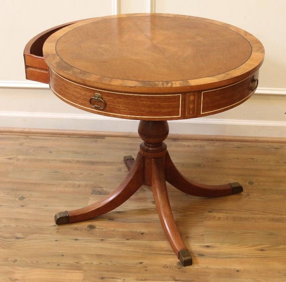 Vintage Round Pedestal Drum Table Duncan Phyfe Side Vintage Round Pedestal Drum Table Duncan Phyfe Side With Inlay American C1940