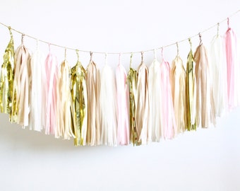 Blush, Champagne, Neutral and Gold Tassel Garland - Baby Shower Decorations, Blush Wedding Decor, Bachelorette Party Banner, Nude and Cream