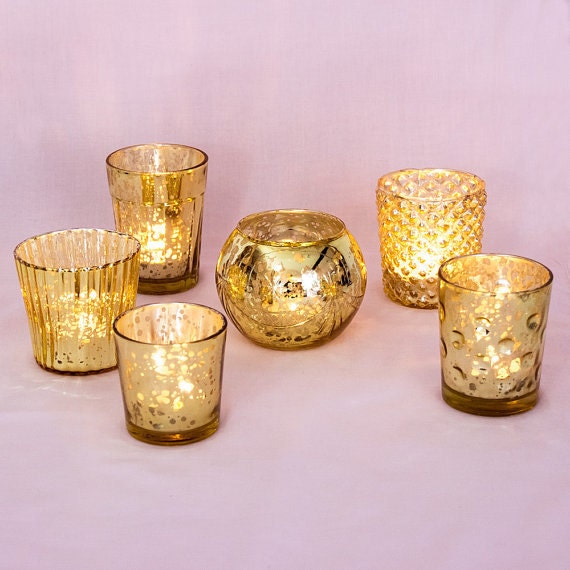 Set of Six 6 Antique Mercury Gold Glass Votive by CouplesOnCakes